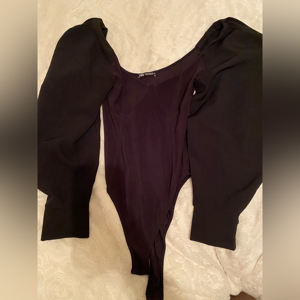 Black Zara body suit, stretchy, puffed sleeves
